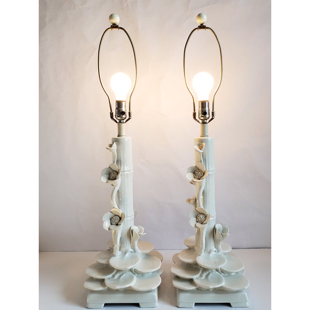 Mid Century Italian Ceramic Faux Bamboo & Lotus Flower Table Lamps-A Pair For Sale - Image 12 of 13