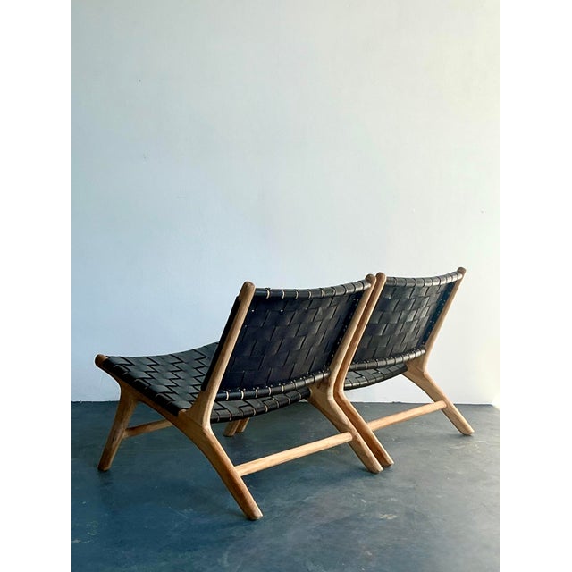 Black Vintage Boho Woven Leather Lounge Chairs - A Pair For Sale - Image 8 of 11