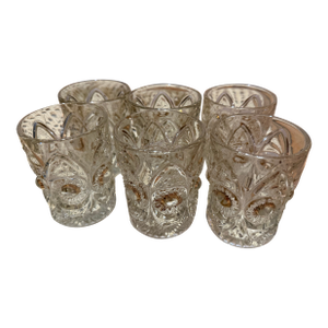 1990s Pressed Glass Lowballs With a Sunflower and Bulls-Eye Pattern - Set of Six