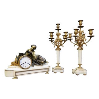 Vintage Early 19th Century Bronze & White Marble French Clock - Set of 3 For Sale