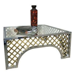 1970s Hollywood Regency Two-Tone Chrome & Brass "Cloister" Square Cocktail Table Attributed to Mastercraft For Sale