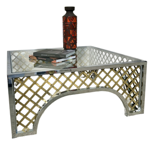1970s Hollywood Regency Two-Tone Chrome & Brass "Cloister" Square Cocktail Table Attributed to Mastercraft