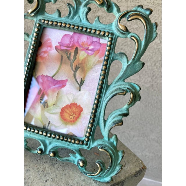 Circa 1980 Baroque-Style Verdigris & Gilt Acanthus Leaf Cast Iron Easel Back Picture Frame For Sale - Image 12 of 12
