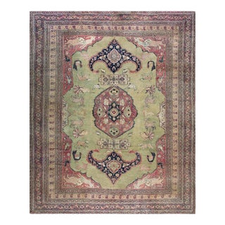 1880s Green Pistacho Animal Scene Antique n.e. Persian Khorassan Moud Rug 9'9" X 12'2" Handknotted Wool Carpet For Sale