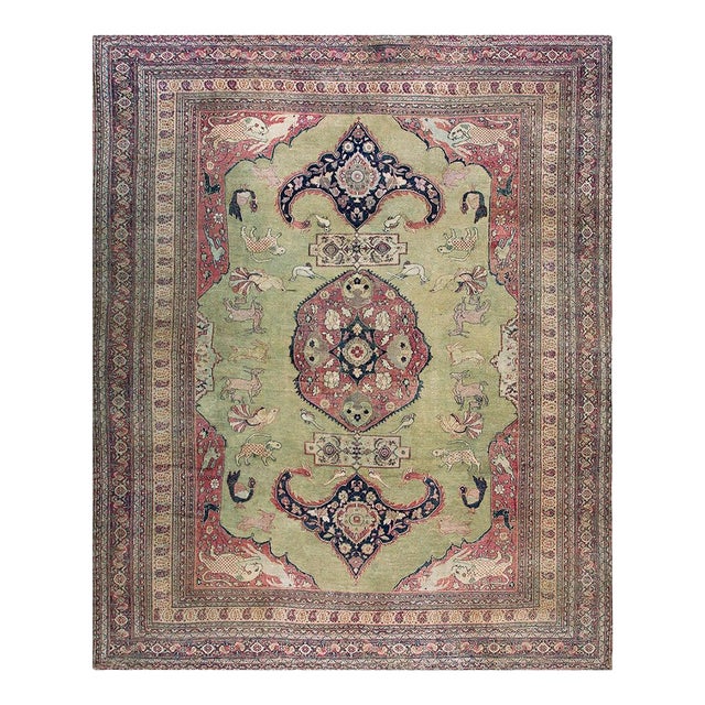 1880s Green Pistacho Animal Scene Antique n.e. Persian Khorassan Moud Rug 9'9" X 12'2" Handknotted Wool Carpet For Sale
