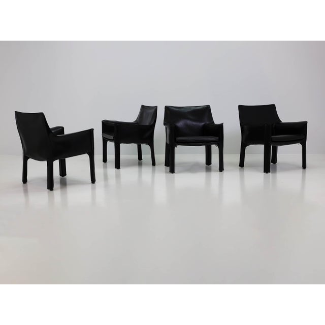 Vintage Italian Model Cab 413 Black Leather Armchairs by Mario Bellini for Cassina, 1977, Set of 4 For Sale - Image 13 of 13