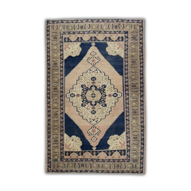 Textile 1960s Pink & Blue Vintage Turkish Rug 4'8" X 7'3" For Sale - Image 7 of 7