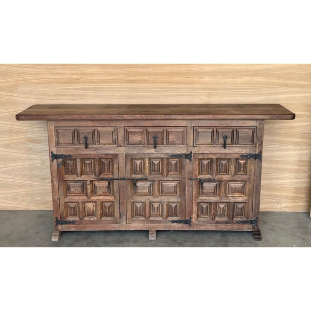 Late 19th Century Spanish Baroque Carved Walnut Tuscan Three Drawer Credenza or Buffet For Sale - Image 16 of 18