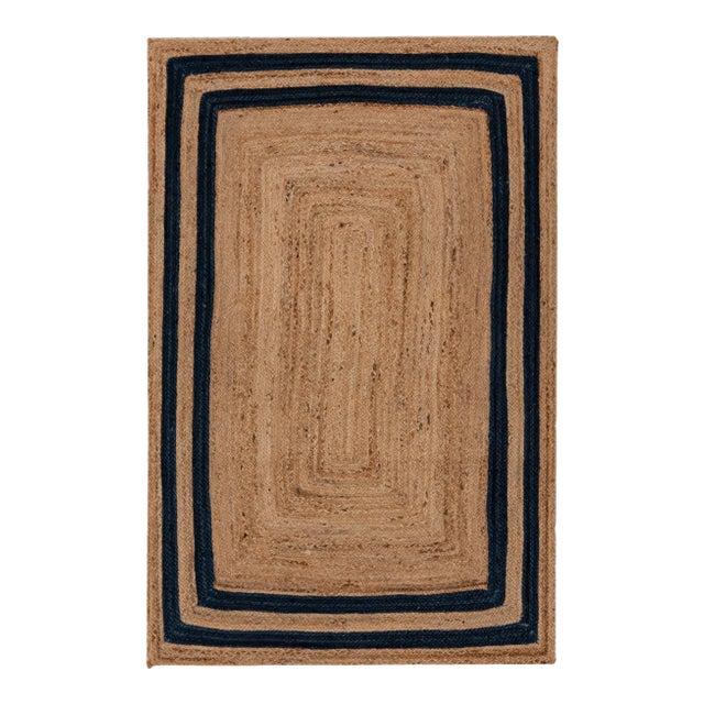 5'x7' Navy Blue Jute Braided Rectangle Boho Chic Rug For Sale