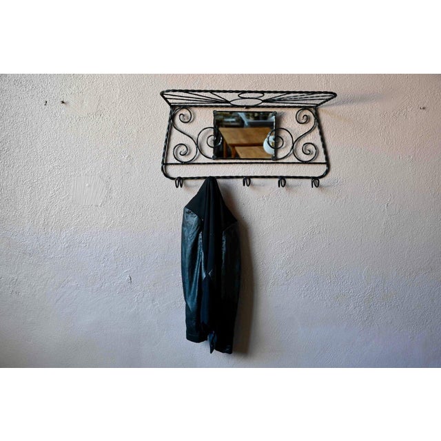 Mid-Century Wrought Iron Coat Rack with Mirror and Hooks, 1950s For Sale - Image 3 of 9
