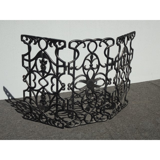 Vintage Spanish Style Cast Iron Three Panel Ornate Black Fireplace Screen For Sale - Image 4 of 18