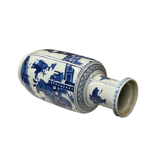 Ceramic Oriental Blue White People House Gathering Graphic Porcelain Art Vase For Sale - Image 7 of 11