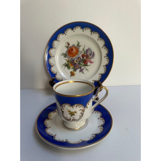 Vintage 1950's Kunst Hummendorf Kronack Bavaria Germany Porcelain Tea Set Trio Cobalt Blue Gold Tea Cup Saucer Dessert Plate For Sale - Image 15 of 18