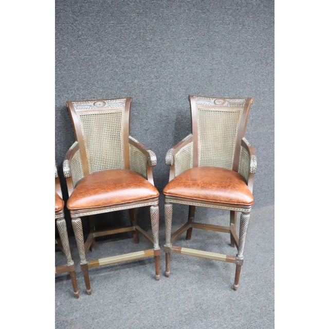 French Country Country French Cane & Leather Barstools/4 For Sale - Image 3 of 11