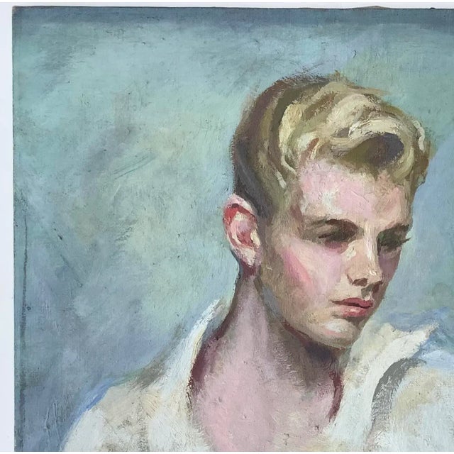 Mid century oil on canvas of young man, sign on back by "The Right Rev" Malcom L Peat. Painting has some discolorations.