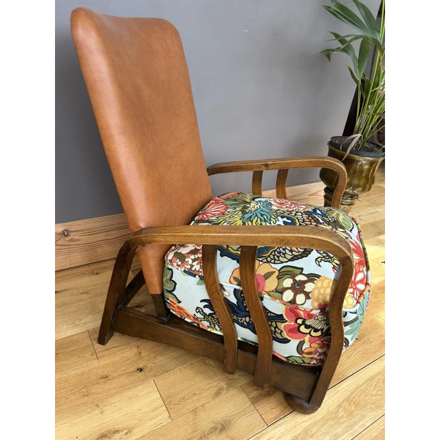 Art Deco Bentwood Armchair with Tan Leather and Chiang Mai Dragon Fabric Upholstery from Schumacher, 1930s For Sale - Image 5 of 18