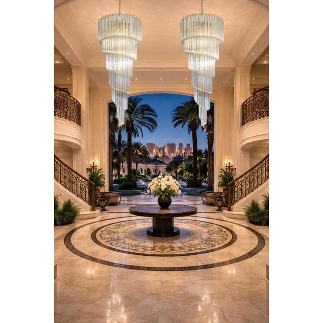 Pair Fantastic vintage Murano chandeliers made by 166 Murano crystal transparent prism in a gold metal frame. The shape of...