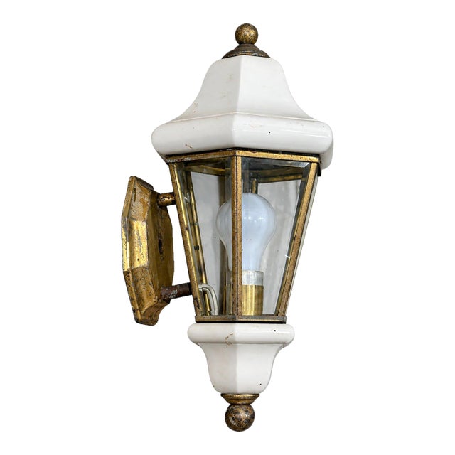 Vintage Wall Mount Outside Porch Fixture Lantern Brass Porcelain For Sale