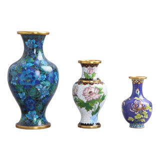 Chinese Jingfa Vases in Enamel, Metal & Wood, 1960s, Set of 3 For Sale