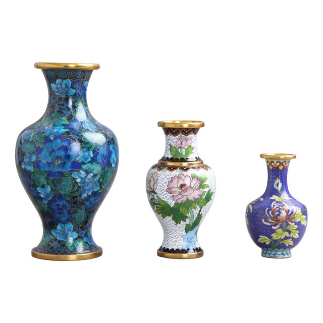 Chinese Jingfa Vases in Enamel, Metal & Wood, 1960s, Set of 3 For Sale