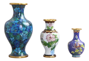Chinese Jingfa Vases in Enamel, Metal & Wood, 1960s, Set of 3