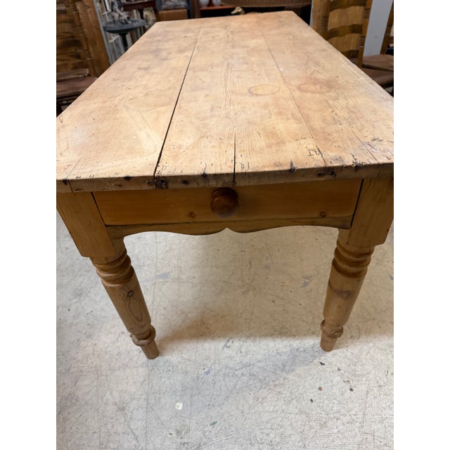 Wood Antique Pine Farm Table With Drawer at Each End. Great Patina For Sale - Image 7 of 10