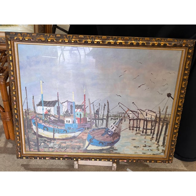 Wood 1960s Jacques Bouyssou Signed French Harbor Painting “Le Port Du Bec” – Original Framed Maritime Artwork For Sale - Image 7 of 12