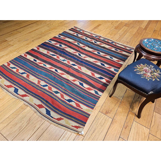 Vintage Caucasian Kilim Rug, Handwoven Wool, Geometric Stripes, Blue & Ivory, 6' x 8' For Sale - Image 4 of 8