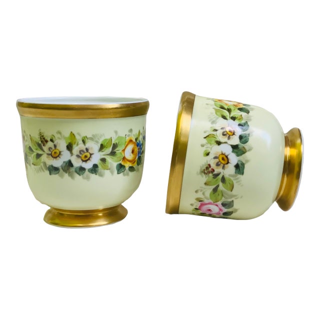 Vintage Hand-Painted Porcelain Cachepots, Floral With Gilt Rim - A Pair For Sale