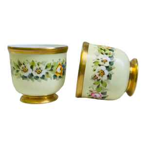 Vintage Hand-Painted Porcelain Cachepots, Floral With Gilt Rim - A Pair