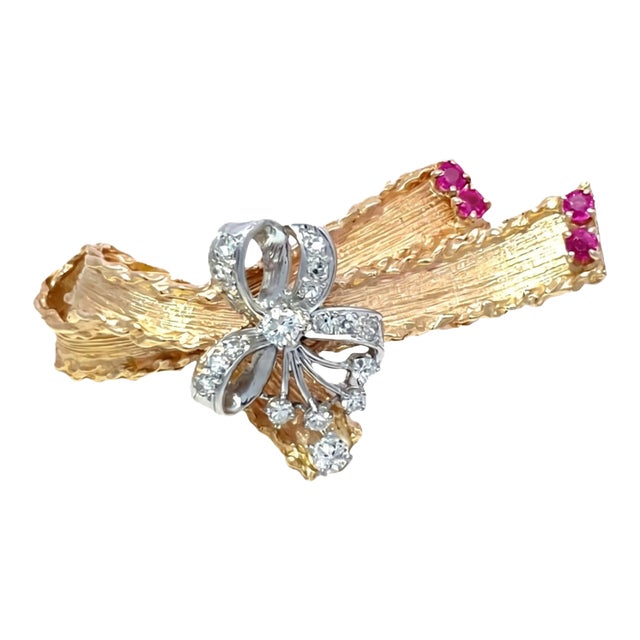 Retro 14k Yellow Gold & Platinum Diamond Ruby Floral Ribbon Bow Brooch For Sale