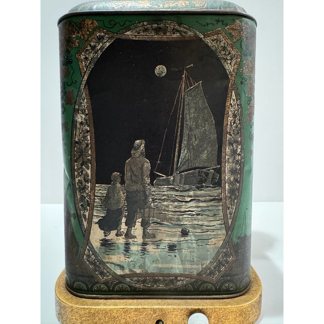 Dark Green Vintage Tole Tea Tin Table Lamp Nautical Sailing Ships Tole Double Socket For Sale - Image 8 of 13