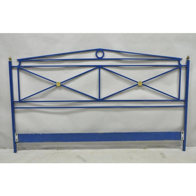 Vintage Italian Neoclassical Style Wrought Iron & Brass X-Frame Blue Painted King Size Bed Headboard. Circa Mid 20th...