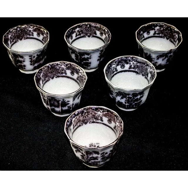 Rare set of 6 stoneware tea cups (no handles) from Podmore Walker & Co. The pattern is Corean Pearl, flow black/mulberry,...