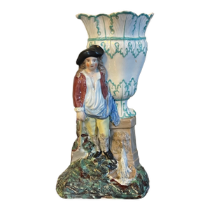Antique 18th Century English George III Staffordshire Pottery Figure of a Gardener Leaning on an Urn Form Vase & Fountain