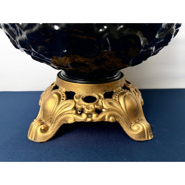 Metal Mid 20th Century Hollywood Regency Black Textured Art Glass Gilt Metal Table Lamp For Sale - Image 7 of 10