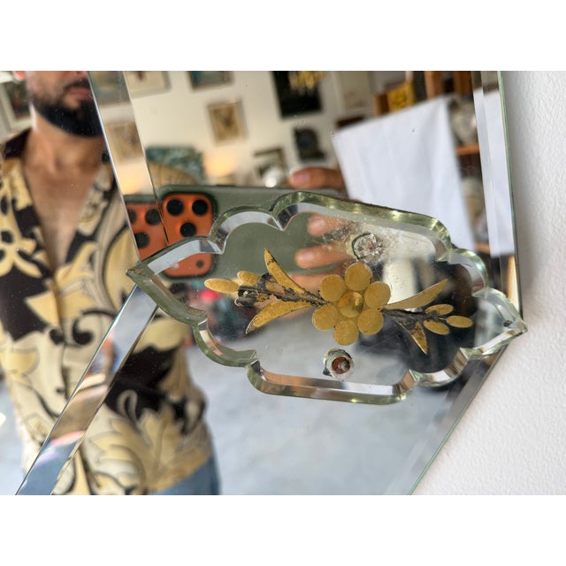 Vintage Italian Venetian Style Octagonal Beveled Glass Wall Mirror With Etched Floral Accents For Sale - Image 14 of 17