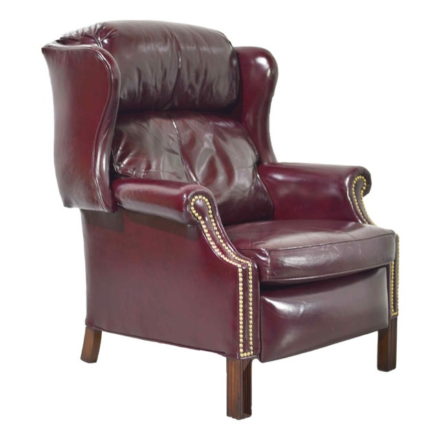 Vintage Traditional Oxblood Leather Wingback Reclining Library Chair by Bradington Young For Sale