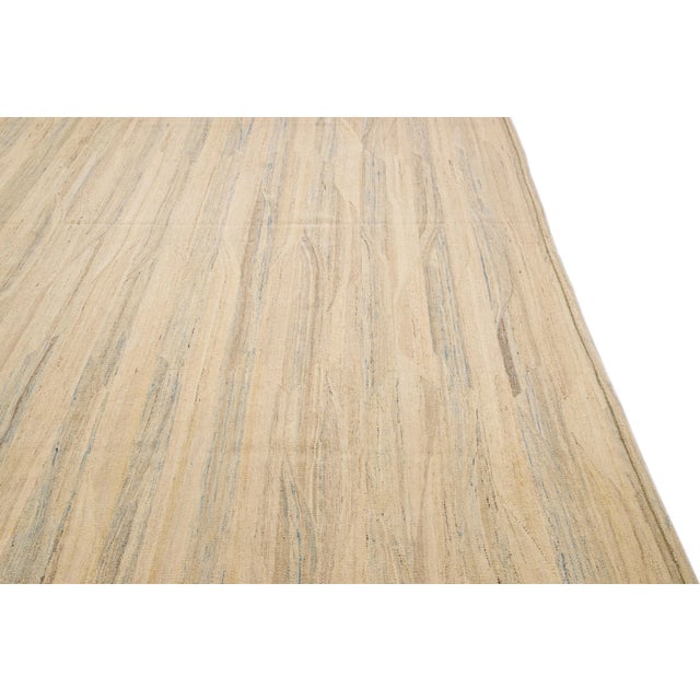 Textile Beige Modern Kilim Handmade Abstract Striped Motif Flatweave Oversize Wool Rug For Sale - Image 7 of 10