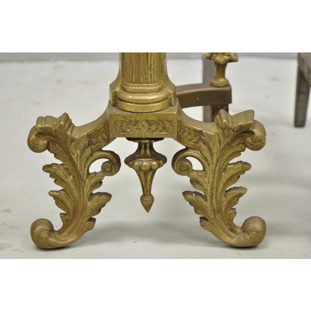 Early 20th Century Antique French Empire Style Bronze Corinthian Column Fireplace Andirons - A Pair For Sale - Image 5 of 14