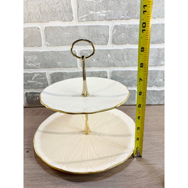 Ivory Vintage Lenox Ivory & Gold 2 Tier Tidbit/Dessert Stand Greenfield Collection For Sale - Image 8 of 11
