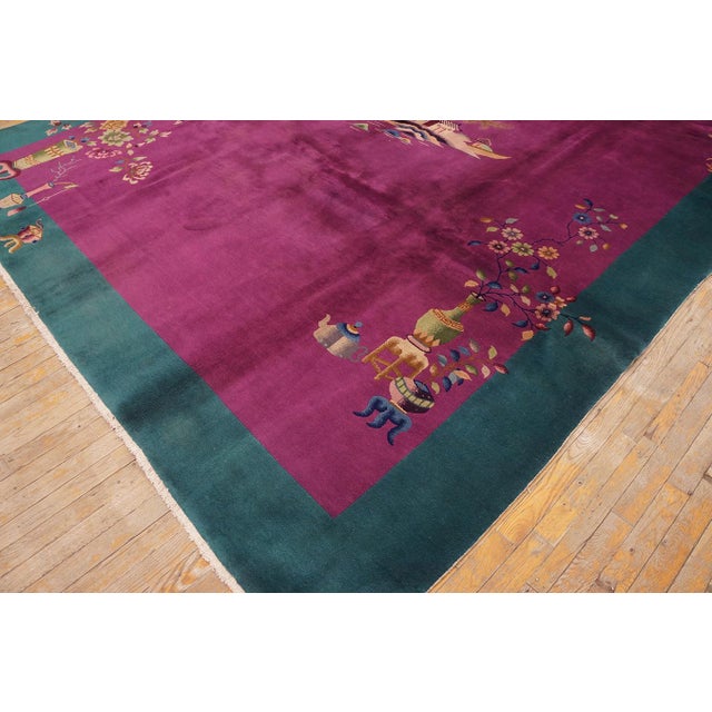 1920s Pink Blush Floral Antique Chinese Deco Rug 8'10" X 11'4 Handknotted Wool Carpet For Sale In New York - Image 6 of 7