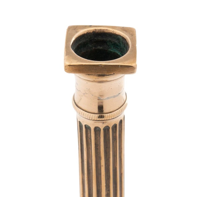 Metal Pair of English Cast Brass Columnar Candlesticks (1790) For Sale - Image 7 of 12