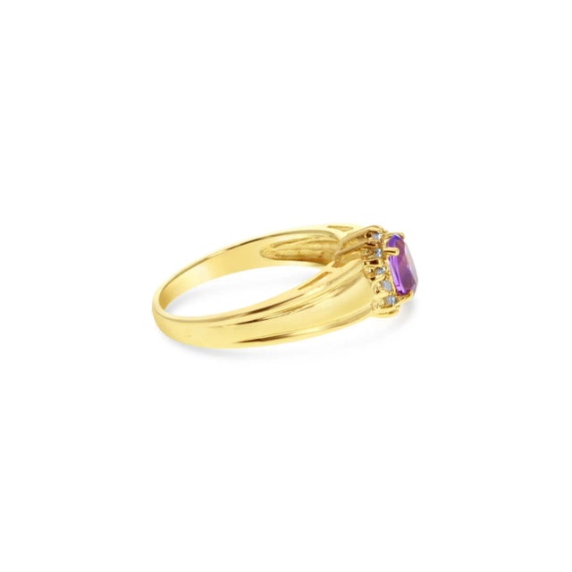 Contemporary Amethyst Diamond Halo Ring 14k Yellow Gold, Size 7 For Sale - Image 3 of 4