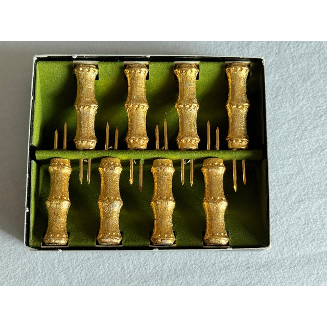 Metal Vintage Hollywood Regency Gilt Bamboo Corn Holders Set of 8 For Sale - Image 7 of 11