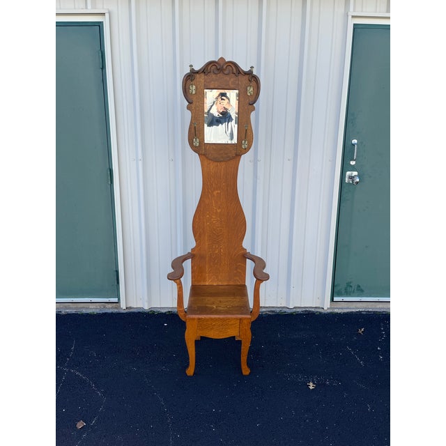 Antique Tall Tiger Oak Hall Seat With Mirror For Sale - Image 6 of 12