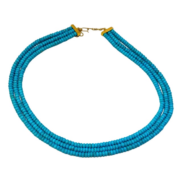 345 Carat Natural Sleeping Beauty Turquoise Necklace, Four Strand 14 Karat Gold For Sale