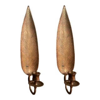 Vintage Cast Brass Feather Leaf Candle Sconces- a Pair For Sale