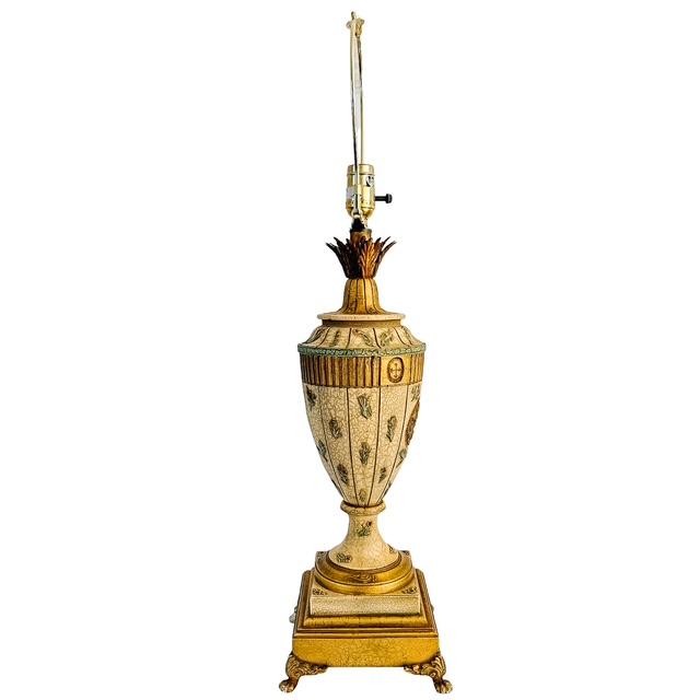 Vintage Neoclassical Crackle Glazed Urn Table Lamps With Medallions - A Pair For Sale - Image 10 of 16