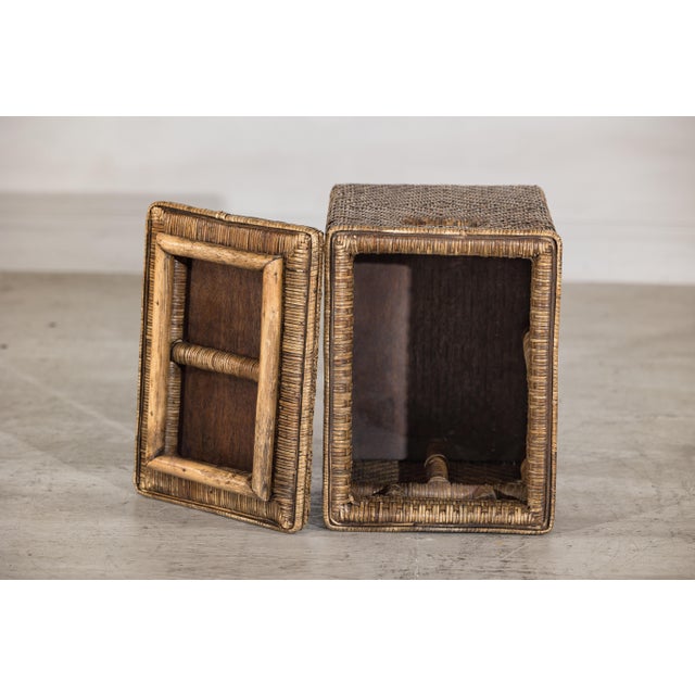 Vintage Rattan Over Wood Storage Basket with Removable Lid and Side Handles For Sale In New York - Image 6 of 17